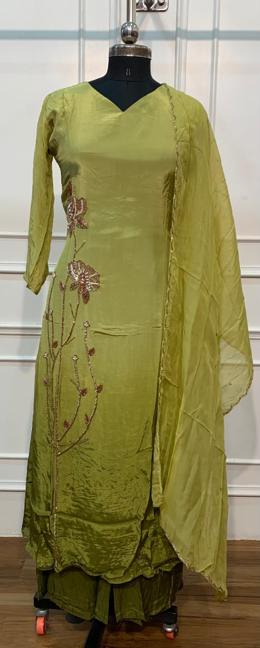 Olive Meadow Elegance – Premium Chinon A-Line 3 Piece Suit Set (RT1659)