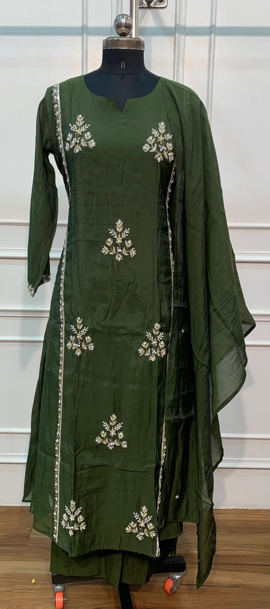 Forest Grace – Premium Mull Chanderi A-Line 3 Piece Suit Set (RT1657)
