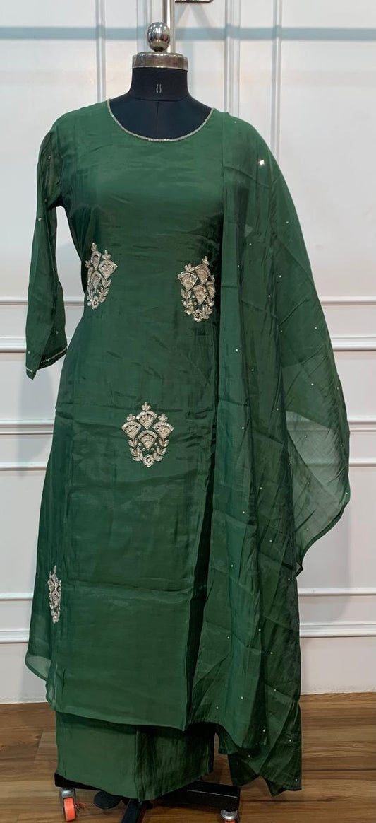 Emerald Grace – Premium Mull Chanderi A-Line 3 Piece Suit Set (RT1653)
