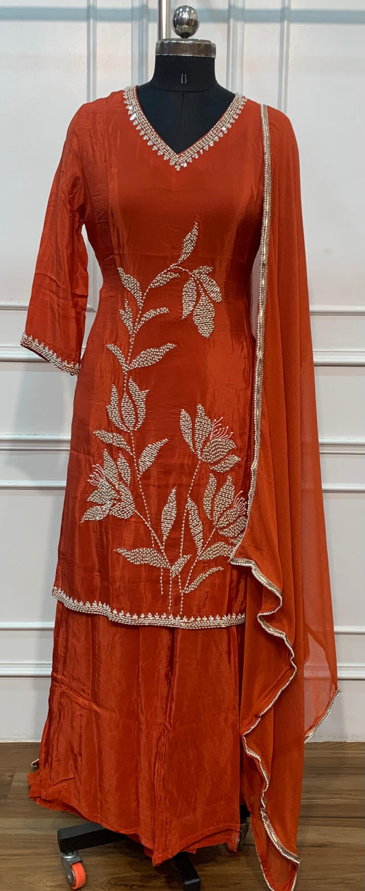Rust Royale Pearl-Embellished Chinon Sharara Set (RT1664)