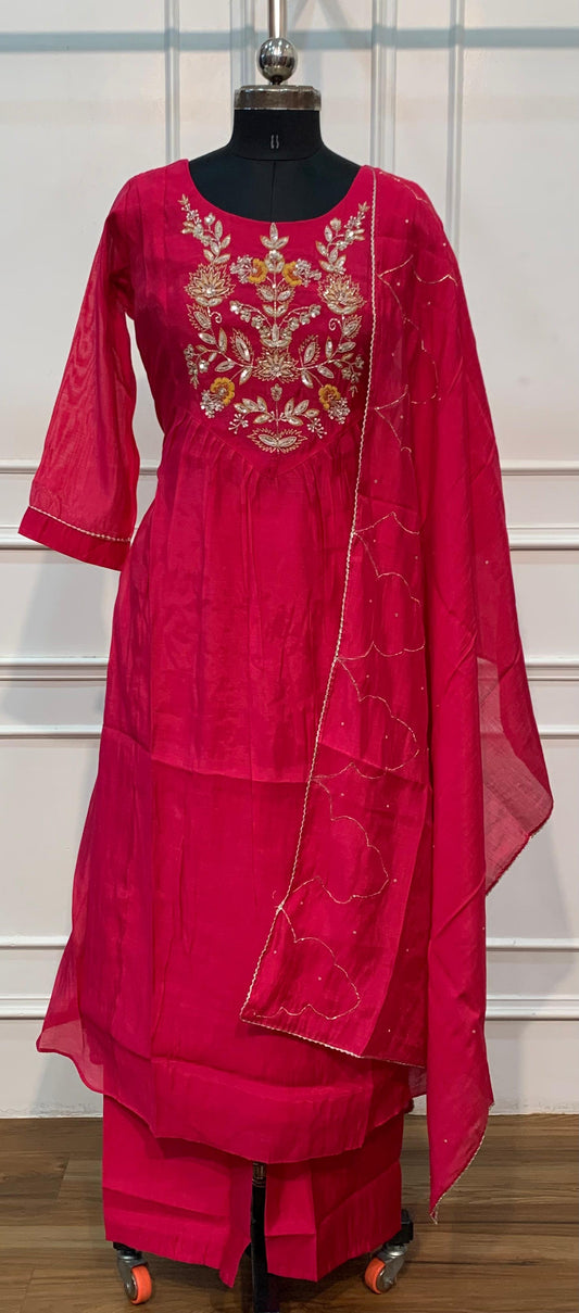 Fuchsia Pink Floral Embroidered Mull Chanderi A-Line Suit Set (RT1670)