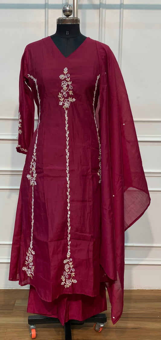 Royal Maroon Grace – Mull Chanderi A-Line 3 Piece Suit Set (RT1667)