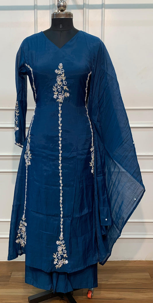 Teal Elegance – Mull Chanderi A-Line 3 Piece Suit Set (RT1668)