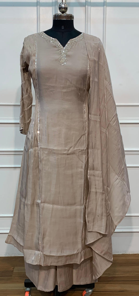 Taupe Elegance – Shimmer Mull Chanderi A-Line 3 Piece Suit Set (RT1665)