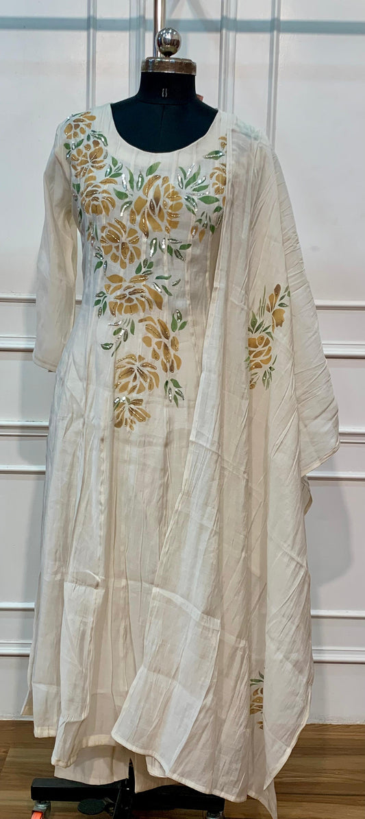 Ivory Golden Garden Floral Embroidered Premium Mull Chanderi Anarkali Suit Set (RT1675)