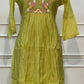 Lime Green Mull Chanderi Flared Frock with Crane Motif Embroidery (RT1682)