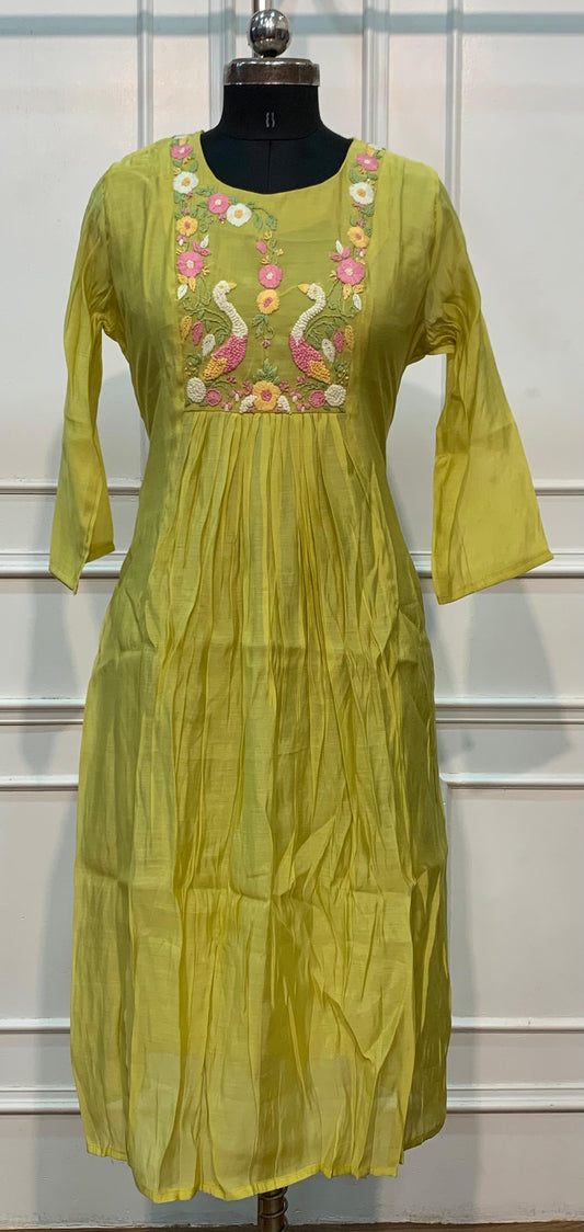 Lime Green Mull Chanderi Flared Frock with Crane Motif Embroidery (RT1682)