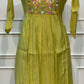 Lime Green Mull Chanderi Flared Frock with Twin Peacock Embroidery (RT1679)