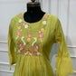 Lime Green Mull Chanderi Flared Frock with Crane Motif Embroidery (RT1682)