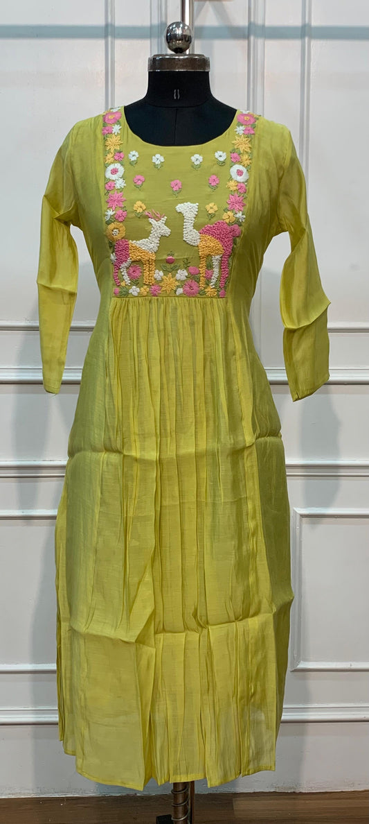 Lime Green Chanderi Flared Frock with Deer & Floral Embroidery (RT1681)