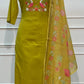 Lime Green Mull Chanderi Straight Cut 3-Piece Set with Embroidered Yoke & Floral Dupatta (RT1684)