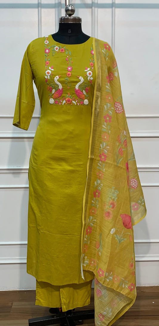 Lime Green Mull Chanderi Straight Cut 3-Piece Set with Embroidered Yoke & Floral Dupatta (RT1684)