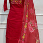 Red Mull Chanderi Straight Cut 3-Piece Set with Floral Bird Embroidery & Printed Dupatta (RT1686)