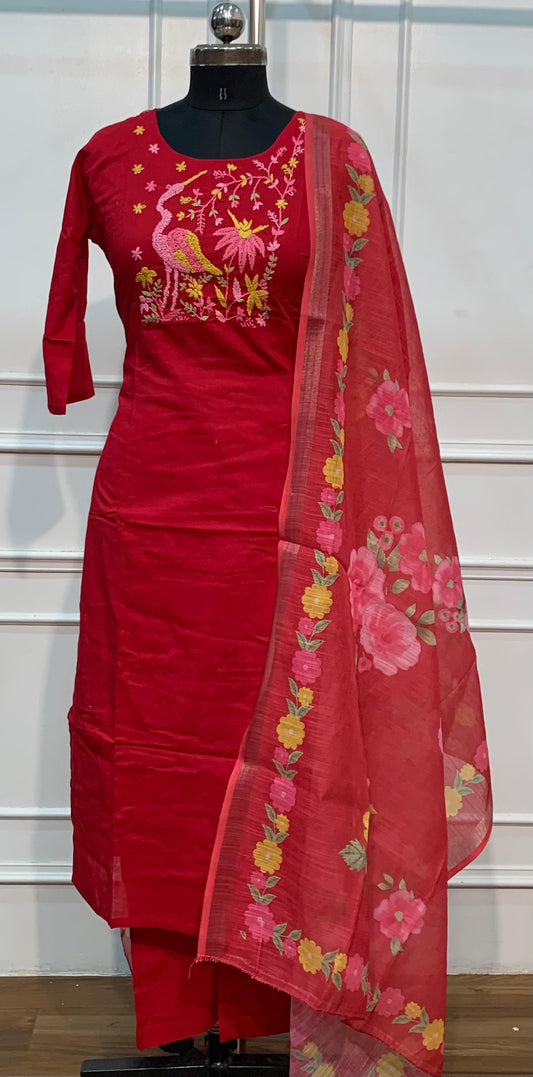 Red Mull Chanderi Straight Cut 3-Piece Set with Floral Bird Embroidery & Printed Dupatta (RT1686)