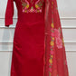 Red Mull Chanderi Straight Cut 3-Piece Set with Embroidered Yoke & Floral Dupatta (RT1683)