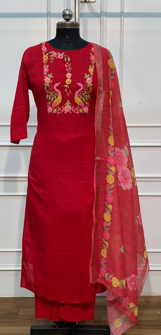 Red Mull Chanderi Straight Cut 3-Piece Set with Embroidered Yoke & Floral Dupatta (RT1683)