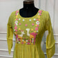 Lime Green Chanderi Flared Frock with Deer & Floral Embroidery (RT1681)