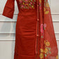 Orange Mull Chanderi Straight Cut 3-Piece Set with Embroidered Yoke & Floral Dupatta (RT1691)