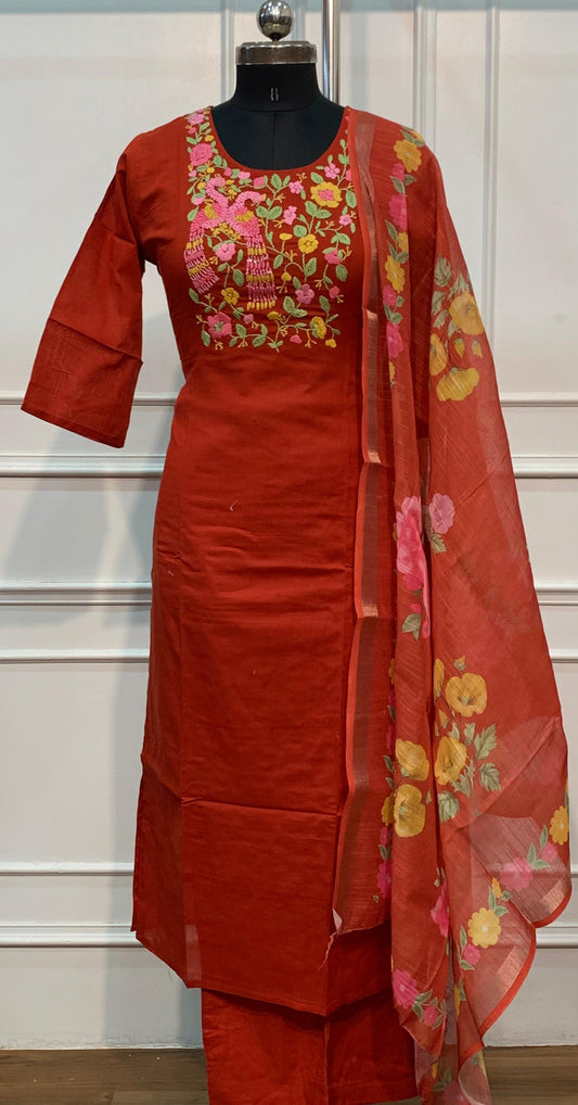 Orange Mull Chanderi Straight Cut 3-Piece Set with Embroidered Yoke & Floral Dupatta (RT1691)