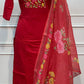 Red Mull Chanderi Straight Cut 3-Piece Set with Floral Embroidered Yoke & Printed Dupatta (RT1689)