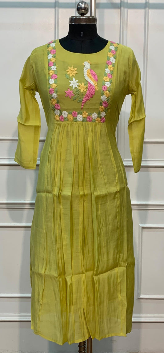 Lime Green Mull Chanderi A-Line Frock with Single Peacock Motif (RT1680)