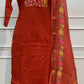 Orange Mull Chanderi Straight Cut 3-Piece Set with Embroidered Yoke & Floral Dupatta (RT1688)