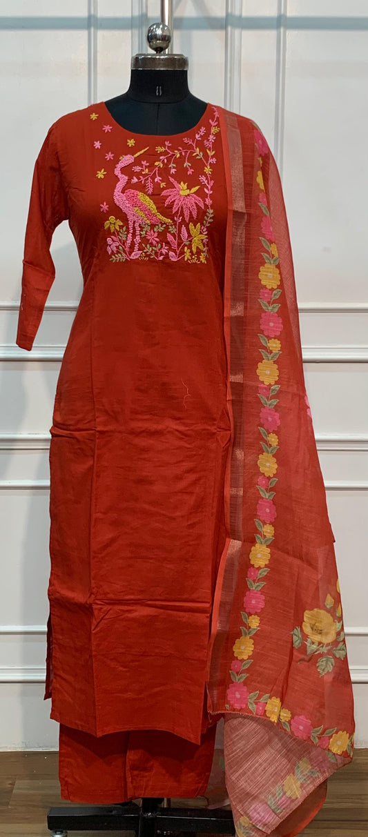 Orange Mull Chanderi Straight Cut 3-Piece Set with Embroidered Yoke & Floral Dupatta (RT1688)