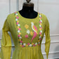 Lime Green Mull Chanderi A-Line Frock with Single Peacock Motif (RT1680)