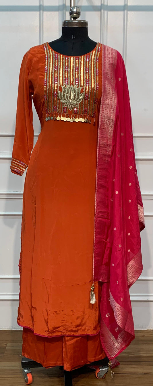 Rust Orange Embroidered HO Fabric Straight Cut Suit Set (RT1692)