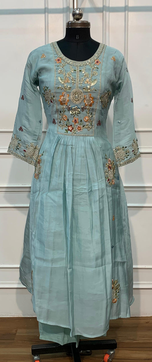 Aqua Bloom Floral Embroidered Poly Mull Chanderi A-Line Suit Set (RT1695)