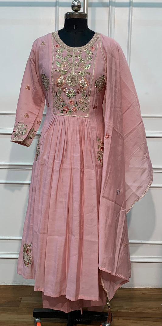 Dusty Rose Floral Embroidered Poly Mull Chanderi A-Line Suit Set (RT1694)