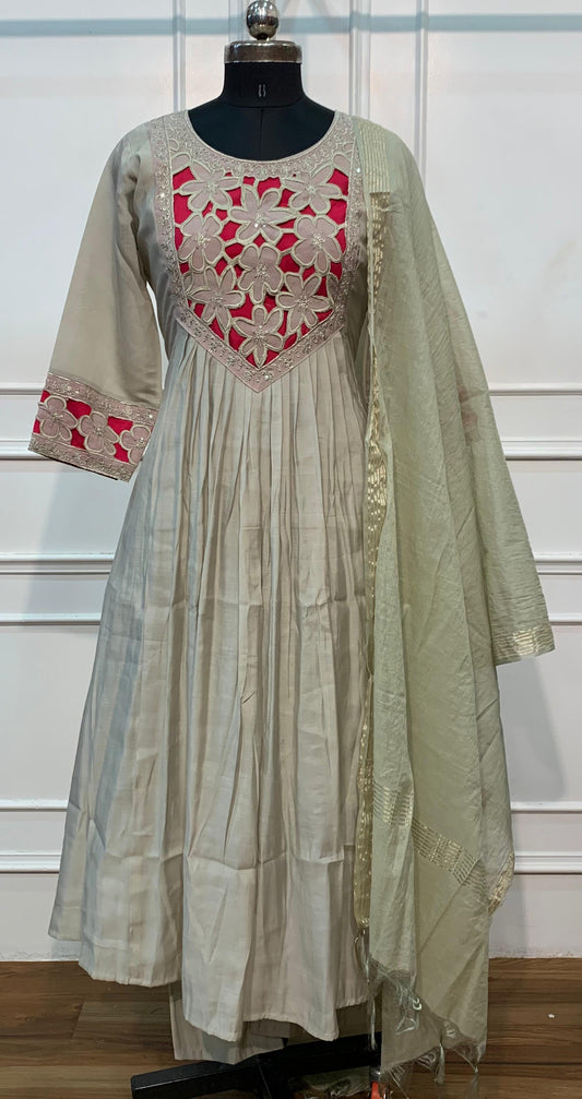 Sage Mist Floral Embroidered Poly Mull Chanderi A-Line Suit Set (RT1697)