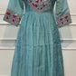 Ocean Teal Floral Embroidered Poly Mull Chanderi A-Line Suit Set (RT1696)