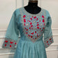 Ocean Teal Floral Embroidered Poly Mull Chanderi A-Line Suit Set (RT1696)