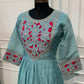 Ocean Teal Floral Embroidered Poly Mull Chanderi A-Line Suit Set (RT1696)