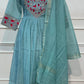 Ocean Teal Floral Embroidered Poly Mull Chanderi A-Line Suit Set (RT1696)