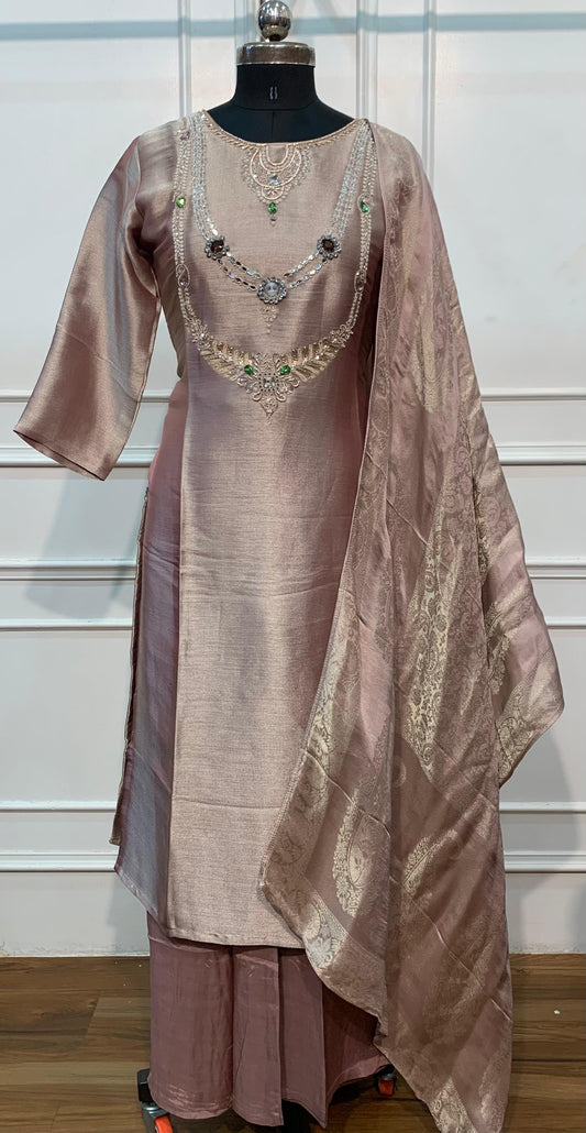 Mauve Elegance – Premium Benaras Straight Cut 3 Piece Suit Set (RT1698)