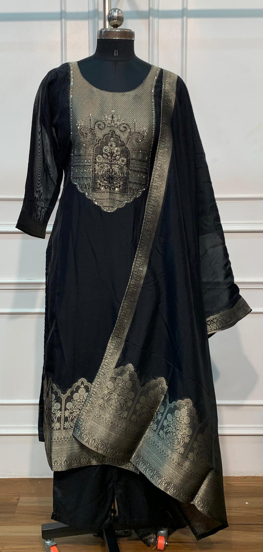 Midnight Royale – Premium Benaras Straight Cut 3 Piece Suit Set (RT1701)