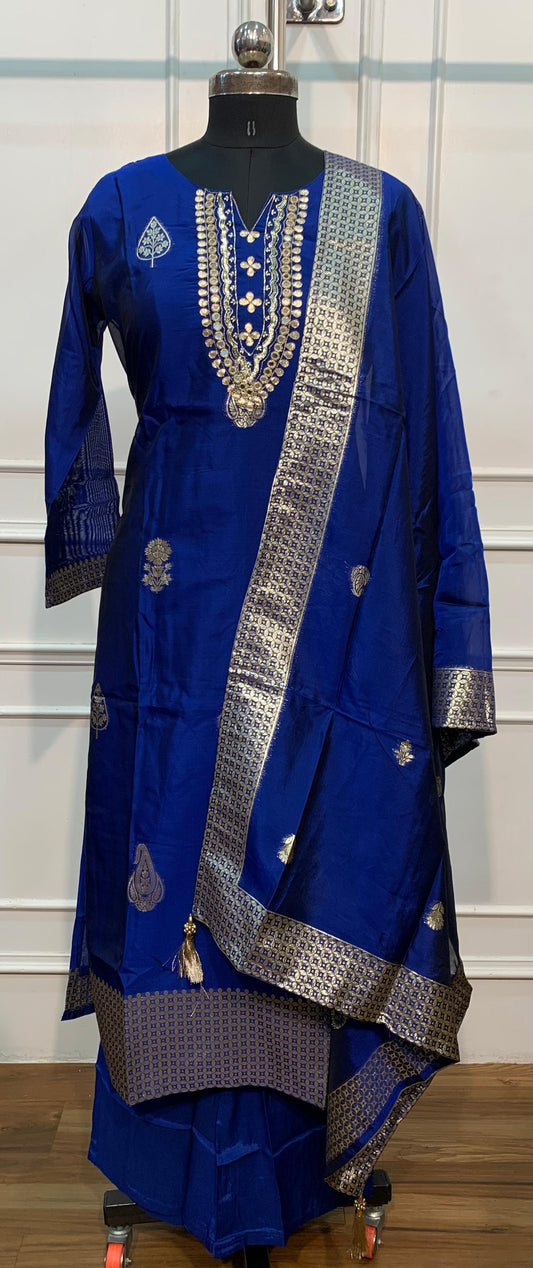 Royal Blue Heritage – Premium Benaras Straight Cut 3 Piece Suit Set (RT1700)