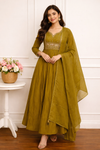 Mehandhi green Mull chenderi embroidery 3pc anarkali set 245