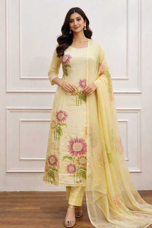 Yellow chinon BrushPaint design 3pc kurthi set 275