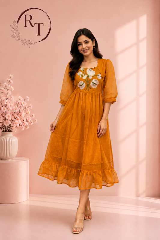 Mustard Bloom Embroidered Kota Anarkali Dress(RT3014)