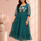 Teal Bloom Embroidered Kota Anarkali Dress(RT3011)