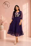 Royal Plum Bloom Embroidered Kota Anarkali Dress(RT3013)