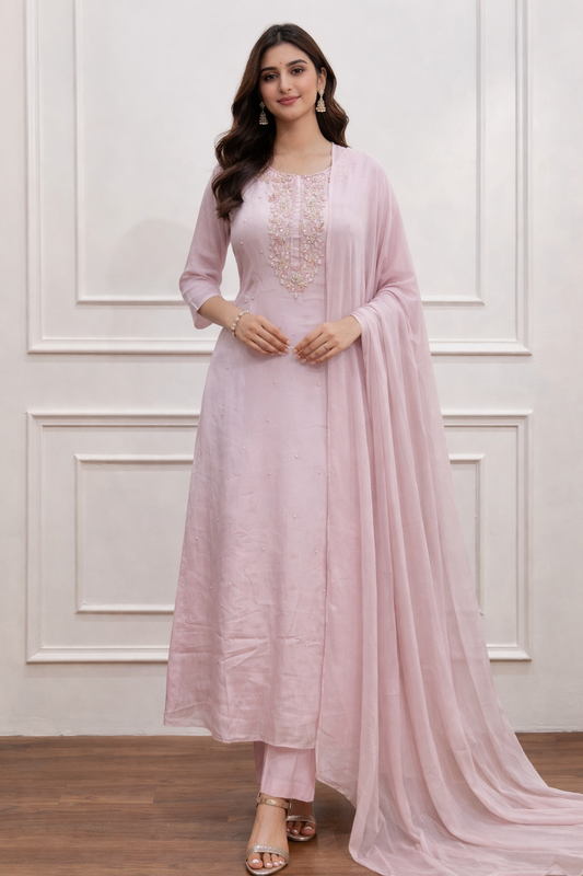 BabyPink Chinon Hand Magam work 3pc kurthi set 345