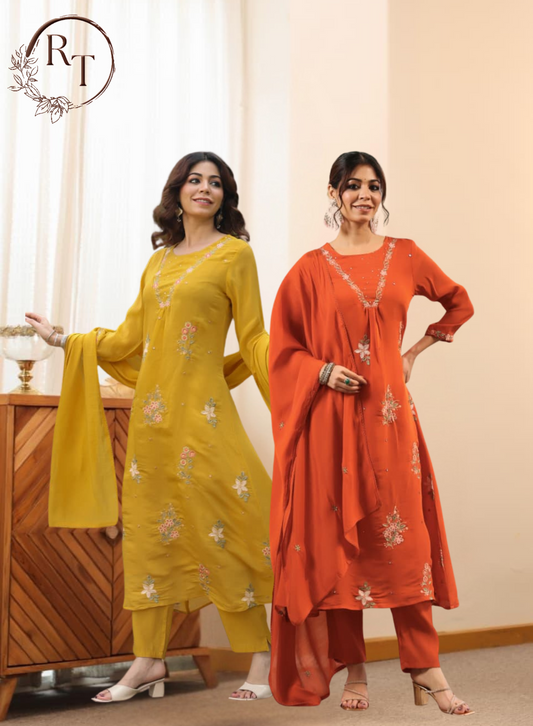 Mull Chanderi Embroidery 3pc Set With Vine Embroidery