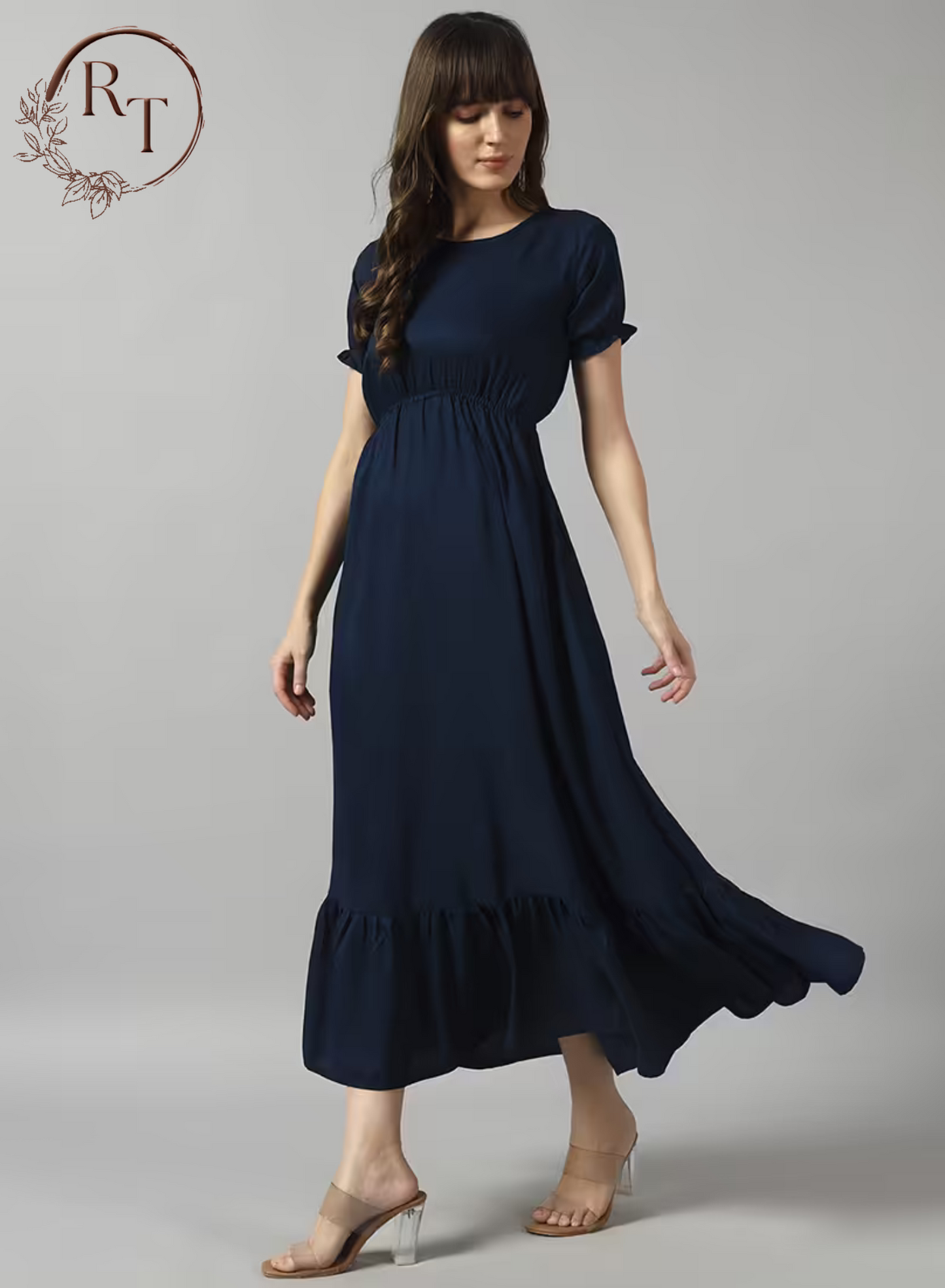 Solid Flared Long Frock with Gathered Waist Design