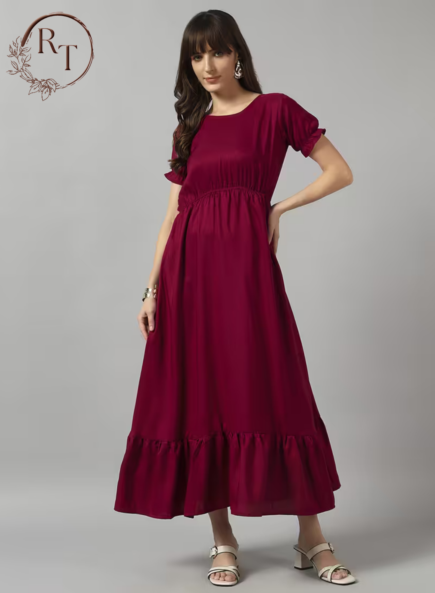 Solid Flared Long Frock with Gathered Waist Design