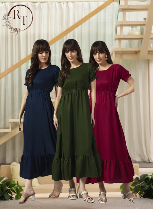 Solid Flared Long Frock with Gathered Waist Design